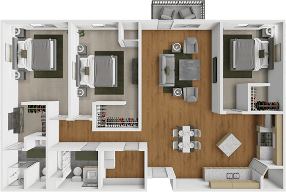 A 3D rendered image of a modern, minimalist room layout.