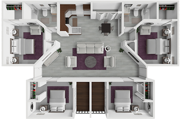 A 3D floor plan of a house with multiple rooms and furniture.