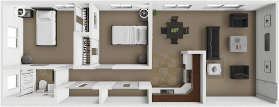 A modern bathroom with brown and white color scheme.