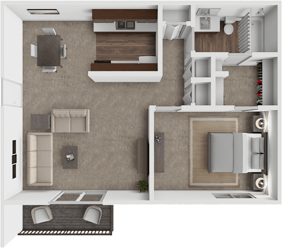 A top-down view of a modern apartment layout with a kitchen, living room, and bathroom.