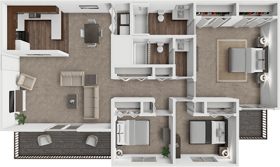 A 3D rendered image of a house layout.