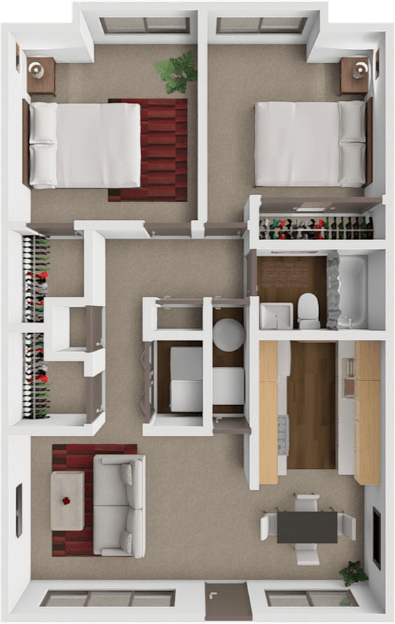 A 3D floor plan a 2 bedroom 1 bathroom home at springcreek apartments in Wichita, KS