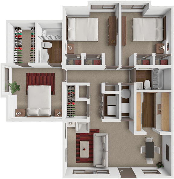 A 3D floor plan of a 3 bedroom 2 bathroom apartment at springcreek apartments