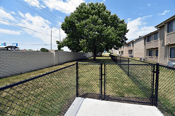 A black fence surrounds a dog park at springcreek apartments.