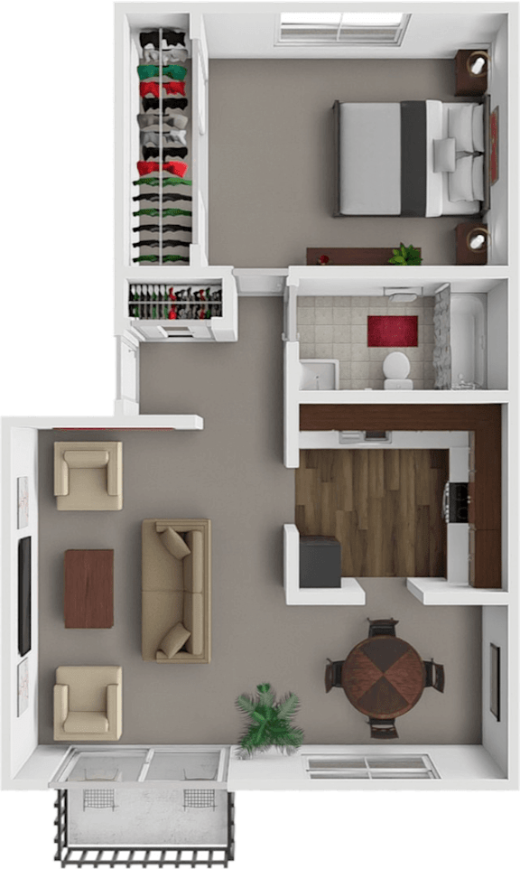 Floor Plan  A 3D floor plan of a small apartment with a kitchen, living room, and bathroom.