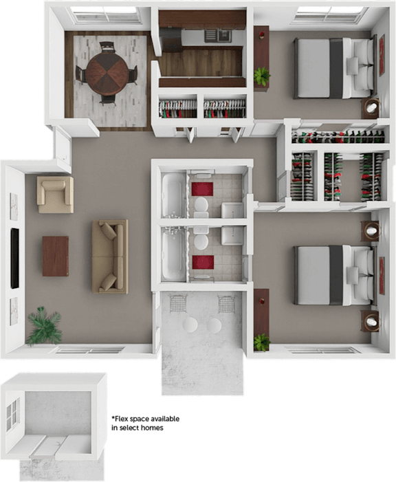 Floor Plan  A 3D floor plan of a house layout with labeled rooms.