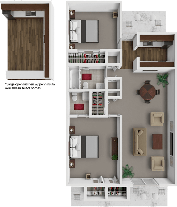 Floor Plan  A floor plan of a home with a kitchen, living room, and bedrooms.