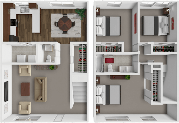 Floor Plan  A 3D rendered image of a modern kitchen and living room.