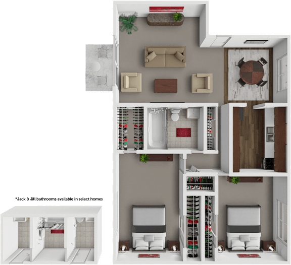 Floor Plan  A 3D floor plan of a home layout with a note that Jack &amp; Jill bathrooms are available in select homes.