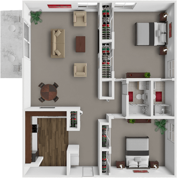 Floor Plan  A 3D rendered image of a modern apartment layout.