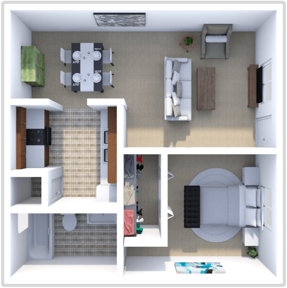 Floor Plan  1 bedroom, 1 bath Cottonwood floor plan at Saddlecreek Apartments