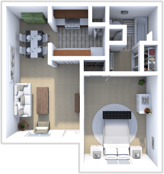 1 bedroom, 1 bath Juniper floor plan at Saddlecreek Apartments