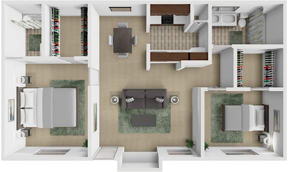 A 3D floor plan of a house showing a kitchen, living room, and bathroom.
