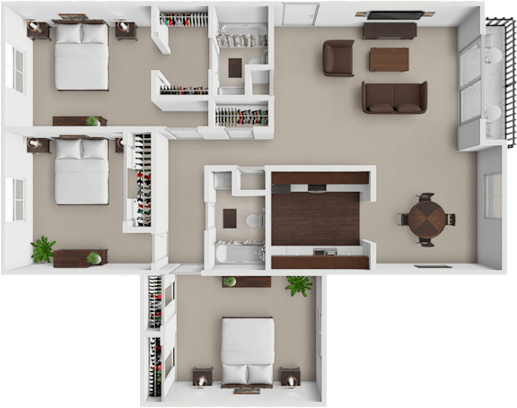 A 3D floor plan of a house with multiple rooms and furniture.