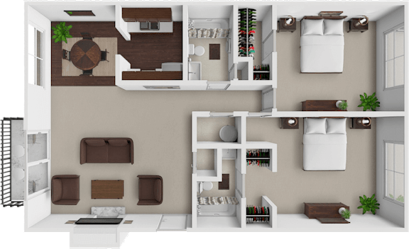A 3D rendered image of a modern apartment layout.