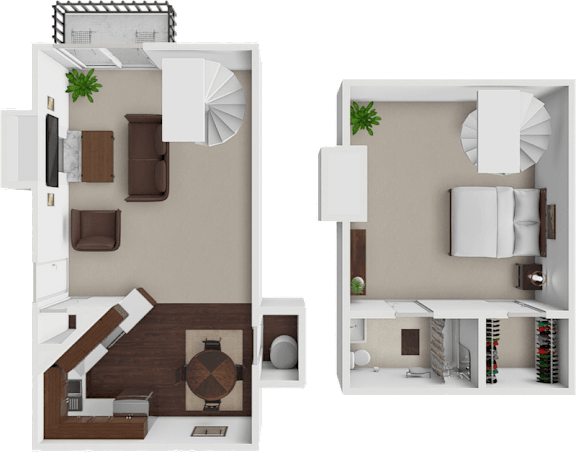 A split-level floor plan of a house with a living room, kitchen, and bedrooms.