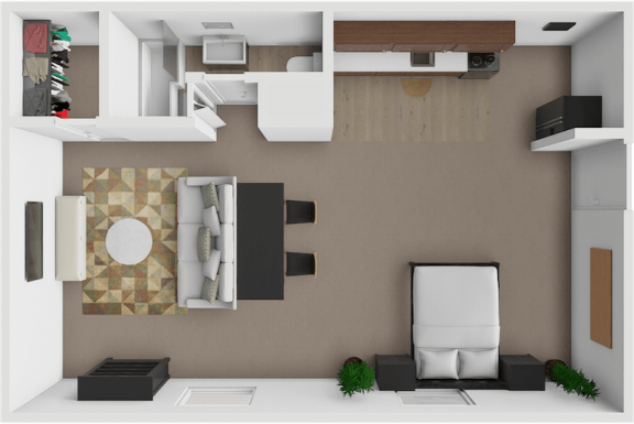 a rendering of a living room with a dining room and a bathroom