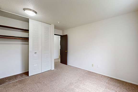 A room with a carpeted floor and a closet with white doors.