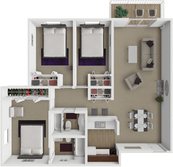 A 3D floor plan of 3 bedroom apartment with two bedrooms, a living room, and a kitchen.