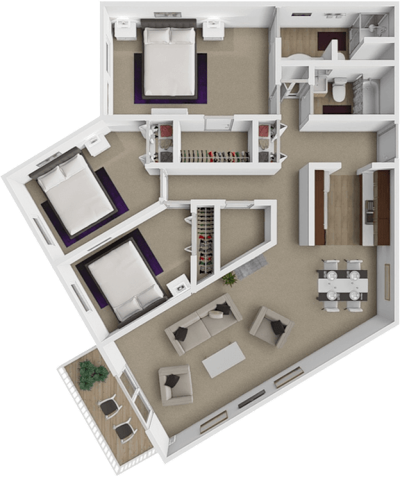 A 3D floor plan of a house with 3 bedrooms and 2 bathrooms