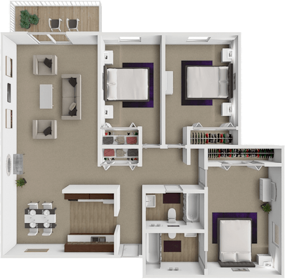 A 3D floor plan of a house with 3 bedrooms, a living room, a kitchen, and a bathroom.