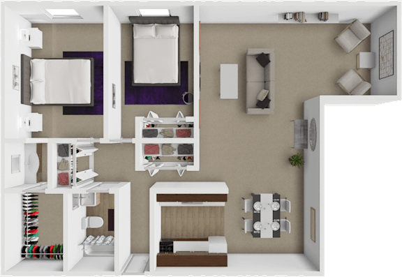 A 3D rendered image of a spacious 2 bedroom apartment layout.