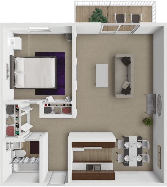 A 3D rendered image of a 1 bedroom apartment layout.