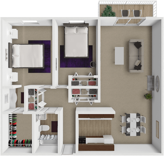 A 3D floor plan of a 2 bedroom apartment with a kitchen, living room, and bedroom.
