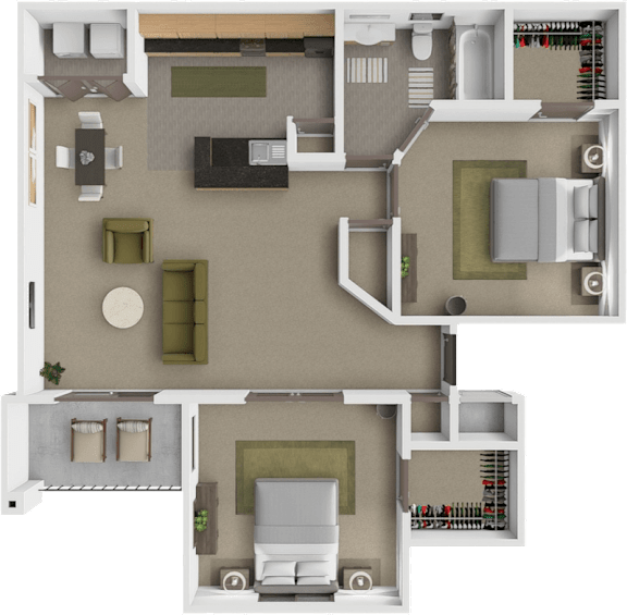 A 3D floor plan of a house with a kitchen, living room, and bedrooms.