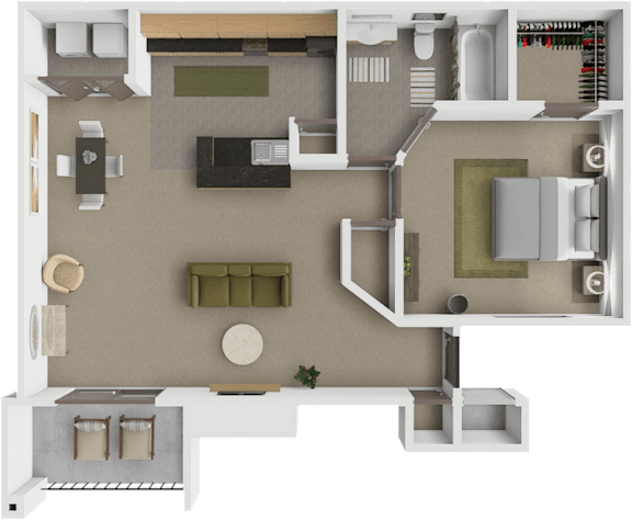 Floor Plan  A 3D floor plan of a house with a kitchen, living room, and bathroom.