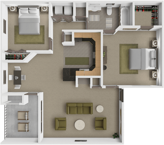 A 3D layout of a house with a living room, kitchen, and dining area.
