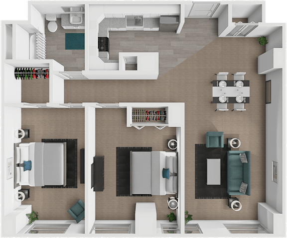 A 3D floor plan of a house with a kitchen, living room, dining room, and bathrooms.