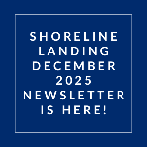 A blue square with white text announcing the Shoreline Landing December 2025 Newsletter.