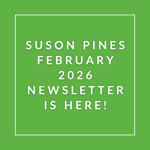 The image announces the availability of the Suson Pines February 2026 newsletter.