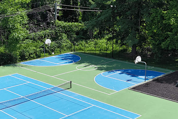 A blue and green basketball court surrounded by trees.