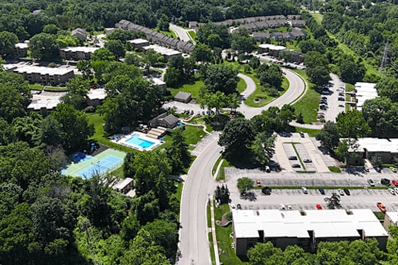 A bird's eye view of a residential area with a swimming pool and a road.