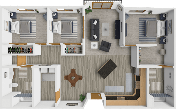 A 3D floor plan of a house with a kitchen, living room, and bedrooms.