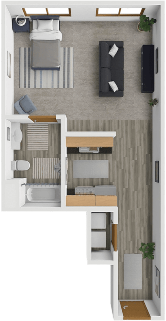 Floor Plan  A top-down view of a small apartment with a kitchen, living room, and bathroom.