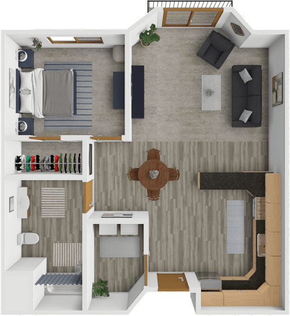 A 3D floor plan of a small apartment with a kitchen, living room, and bathroom.
