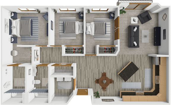 A top-down view of a house layout with two bedrooms, a living room, a kitchen, and a bathroom.