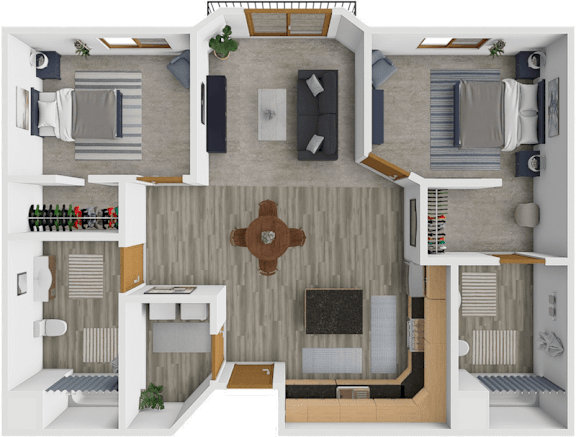 A 3D floor plan of a house showing a kitchen, living room, and dining area.