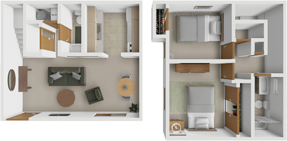 A 3D floor plan of a small apartment with a kitchen, living room, and bathroom.