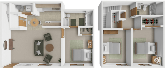 Two floor plans of a house with a living room, kitchen, and bedrooms.