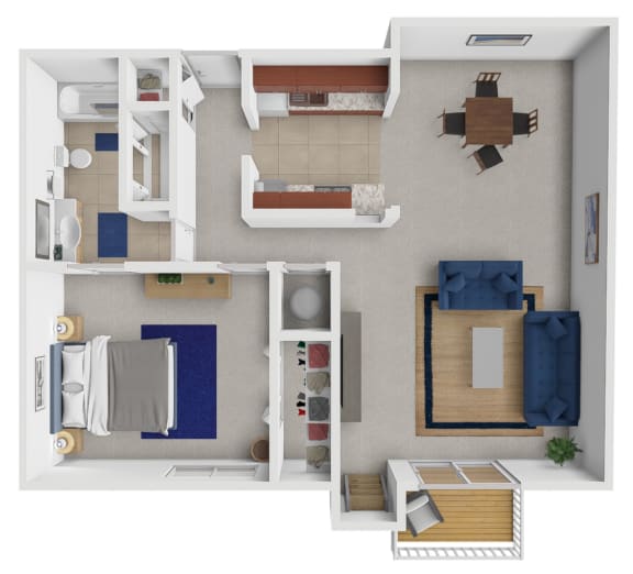 a stylized floor plan with a bedroom and living room