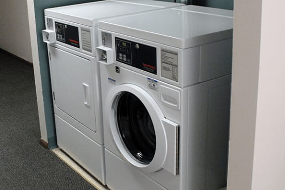a front loading washer and dryer in a laundry room