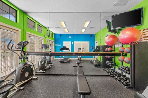 a gym with weights and a tv in it