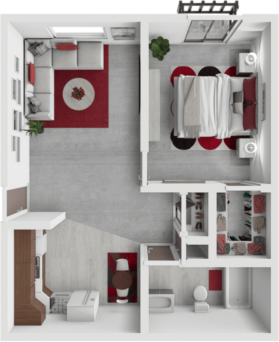 a 3d rendering of a bedroom with a bathroom and a living room