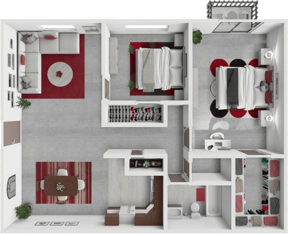 a 3d rendering of a bedroom and bathroom floor plan