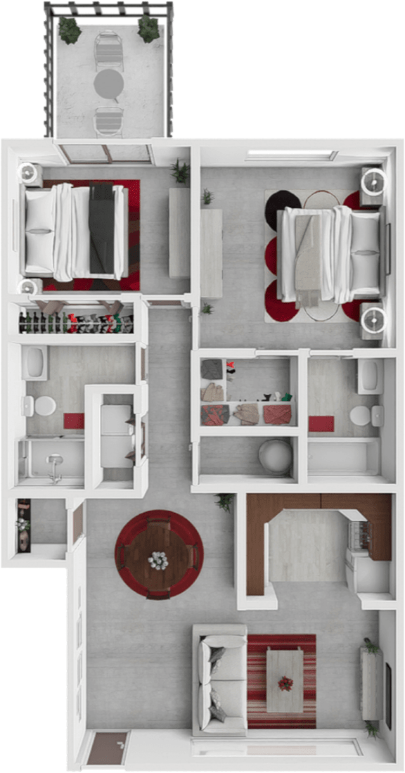 a 3d rendering of a bedroom and bathroom floor plan