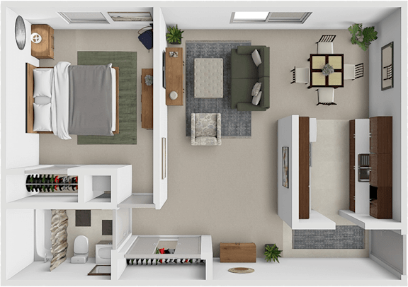 A 1 bedroom apartment floor plan at Tanglewood Apartments.